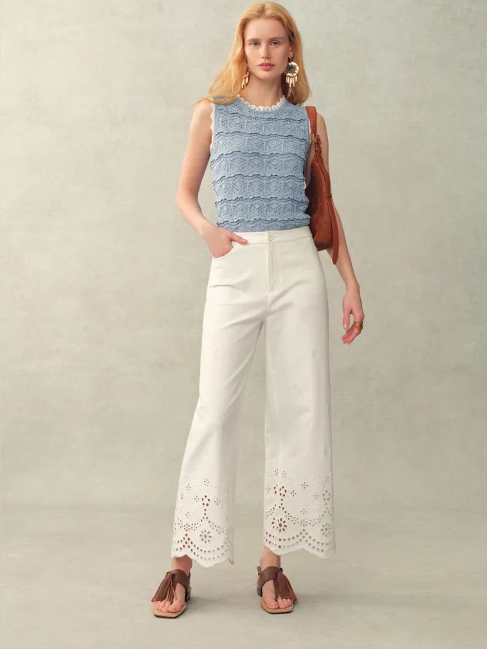 Fabrique Embroidery Cropped White Pants in Stretchy Cotton Blend